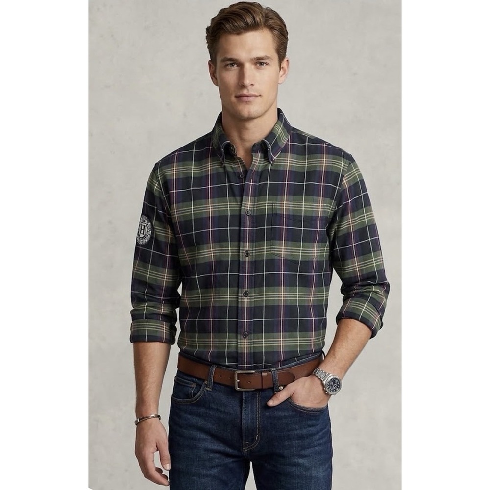 Vntg Tommy Hilfiger Plaid Button Down L Blue Green Tartan 1985 Crest Patch
